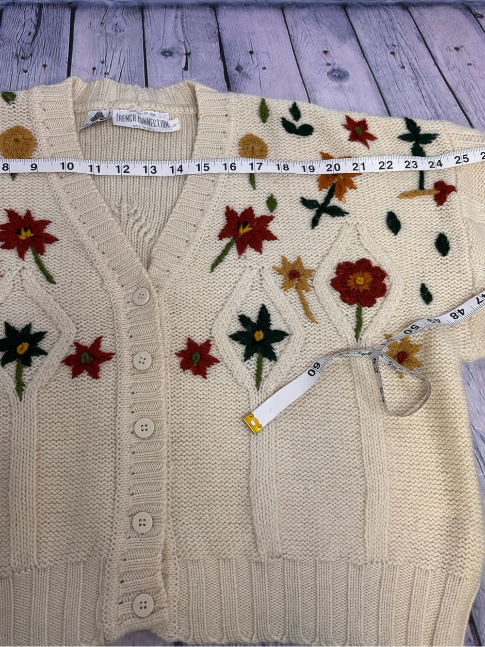 VINTAGE French Connection Cream Floral Embroidery Cottagecore Cardigan Sweater L - Picture 8 of 10